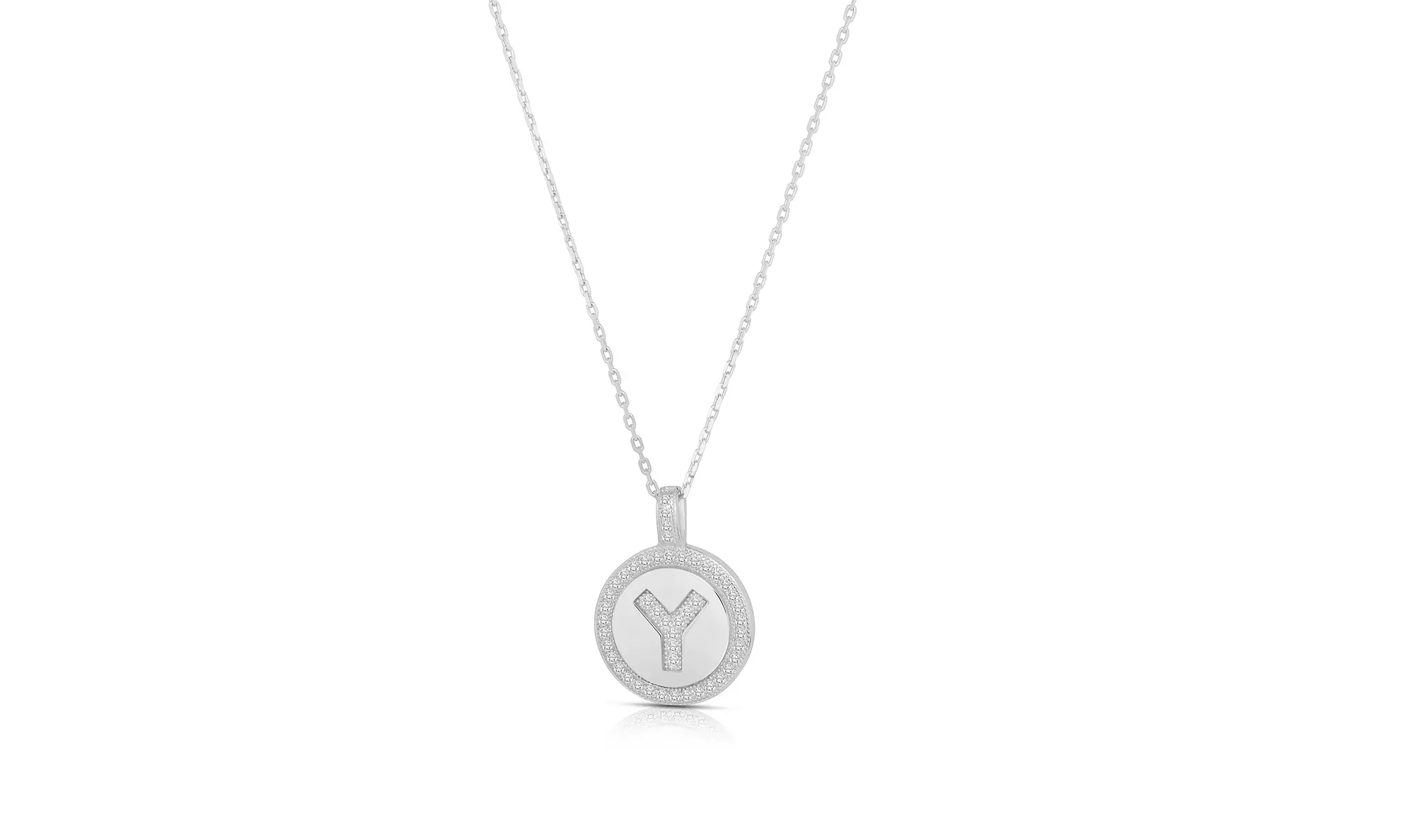 Sterling Silver Crystal Round Disc Initial Pendant Necklace