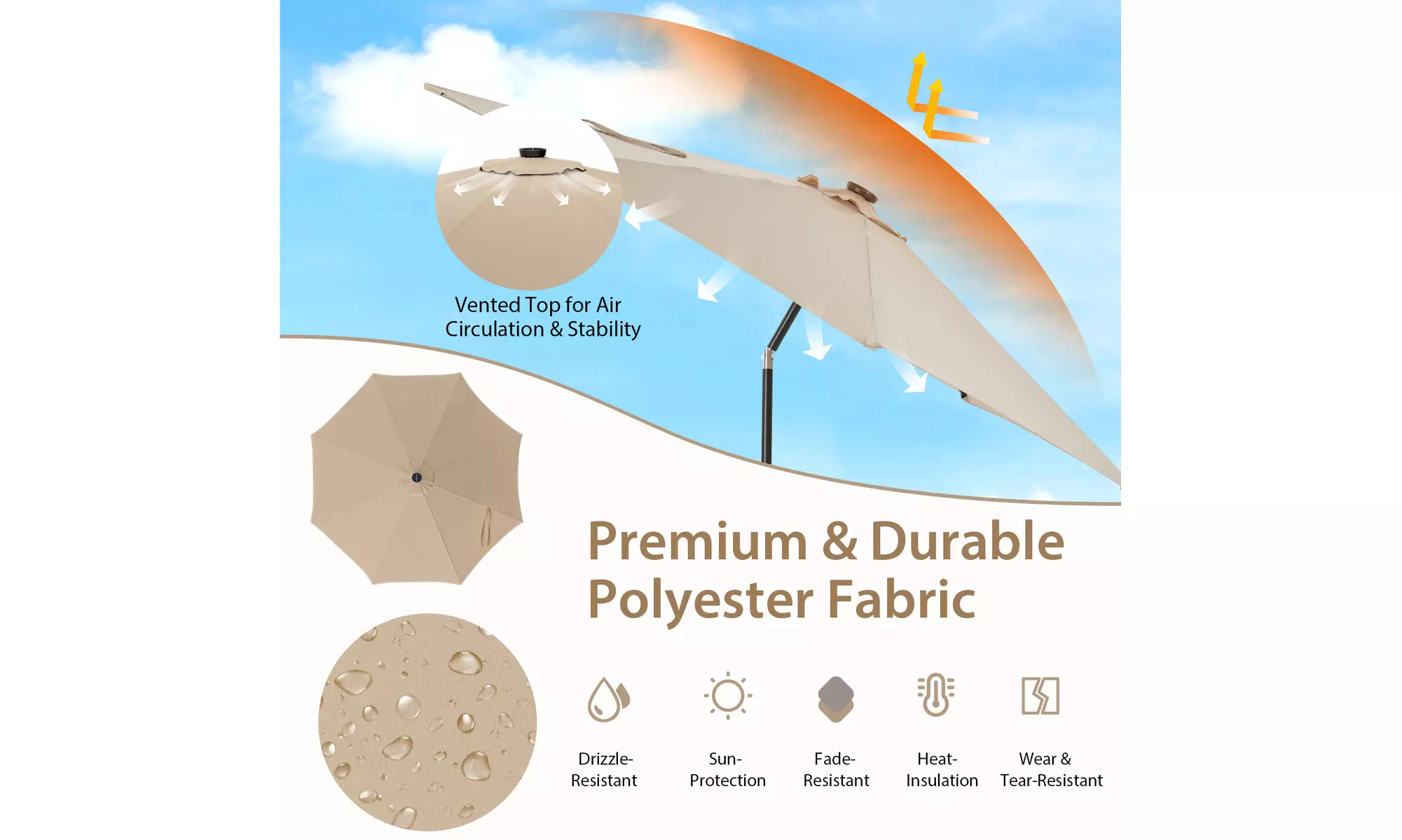 Costway 10 FT LED Solar Lighted Patio Umbrella With Crank Tilt