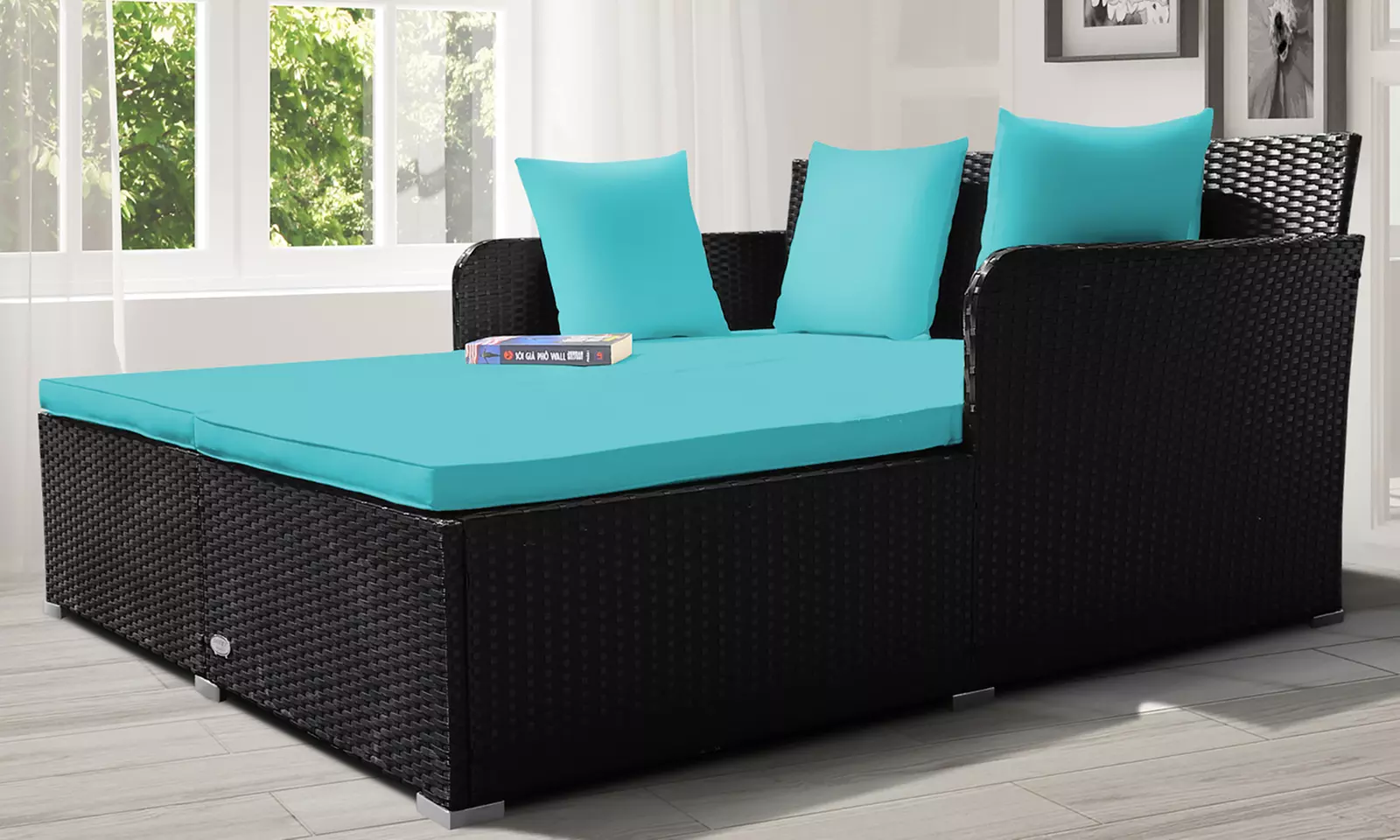 Costway Outdoor Patio Rattan Daybed Pillows Cushioned Sofa Furniture