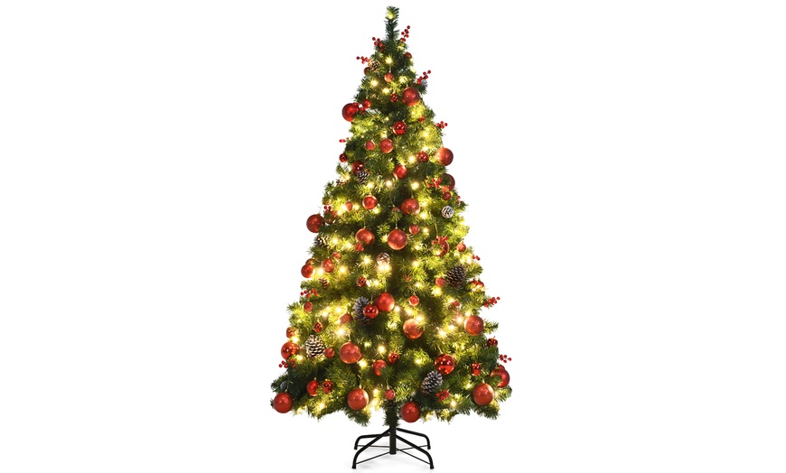 Costway 6ft Pre-lit Hinged Christmas Tree W/ Pine Cones Red Berries ...