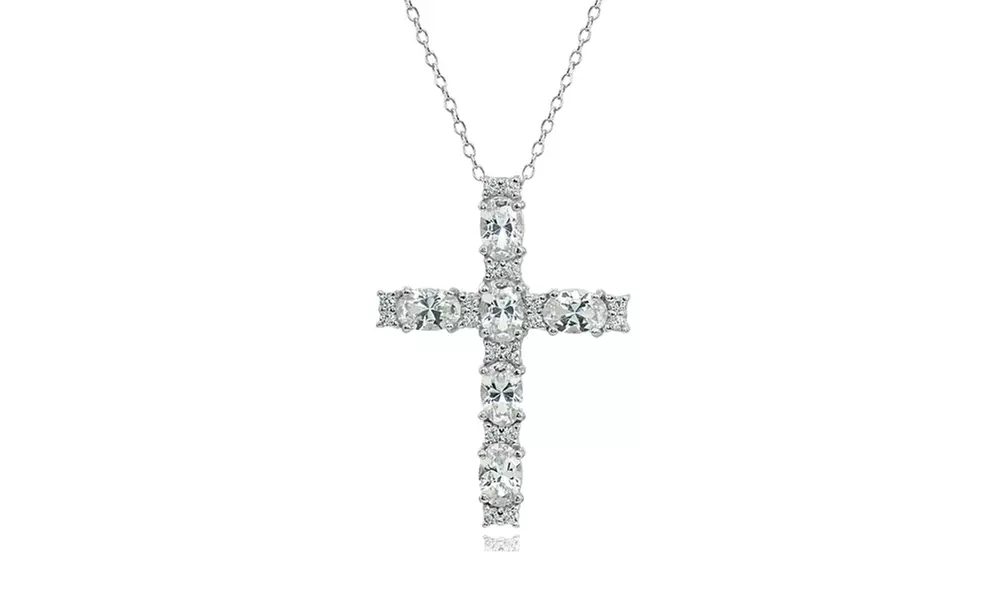 Sterling Silver Created White Sapphire Oval-Cut Cross Pendant Necklace - Primary Image