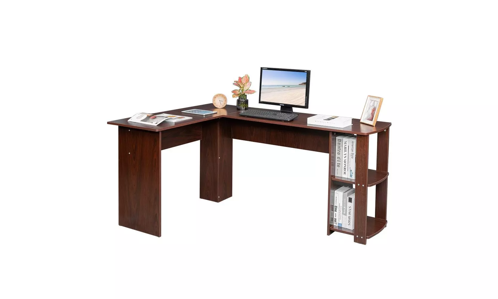L-Shaped Home Office Wooden Corner Desk Computer Desk with 2-Layer Bookshelf - Primary Image