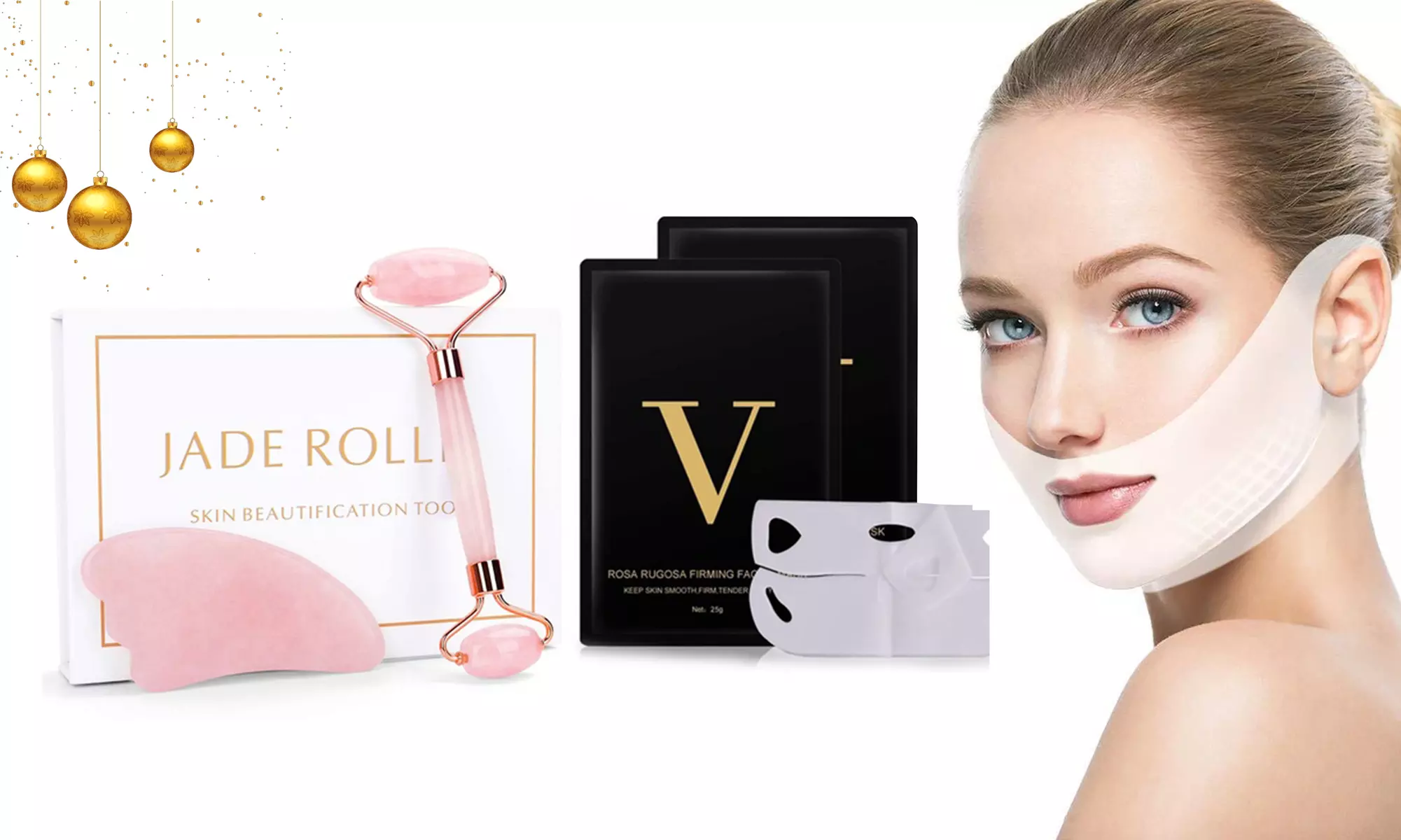 V Line Face Lifting Mask Lift Up Facial Line & Jade Roller Gua Sha Scraping Set  - Primary Image