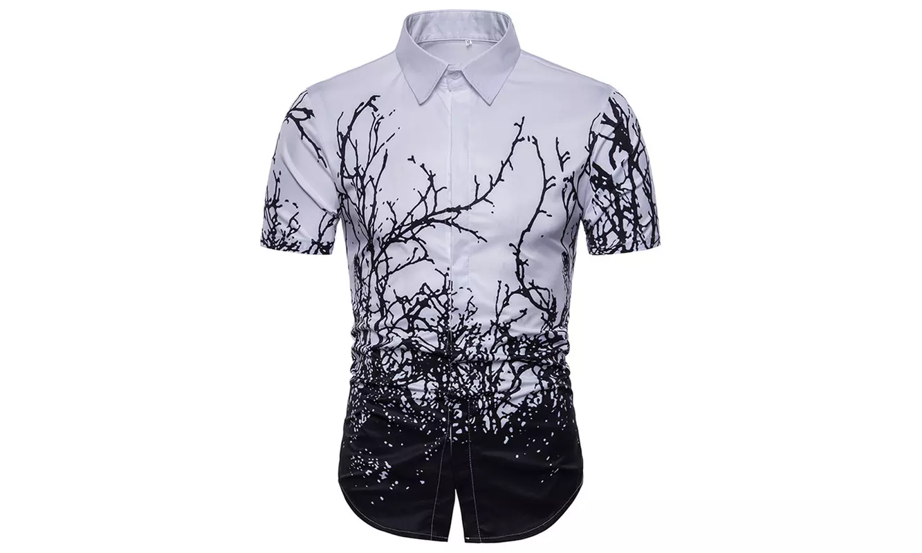 Men Casual 3D Leaf Print Shirt Floral Shirts Tight  Short Sleeve T-shirt Top - Second Medium