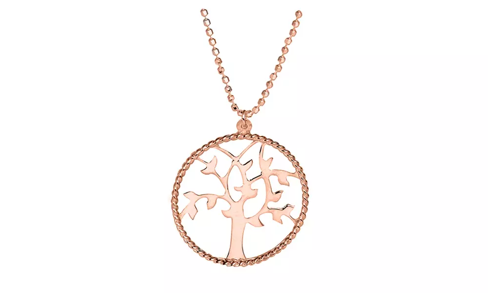 Italian 18K Rose Gold Plated Sterling Silver Diamond Cut Tree Of Life Necklace