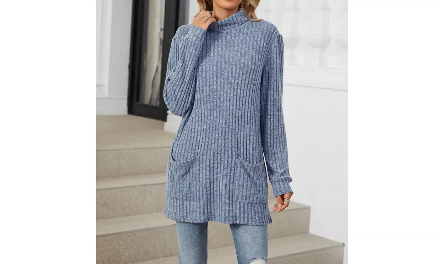 Womens Lightweight Turtleneck Long Sleeve Knit Tunic Top with Pockets