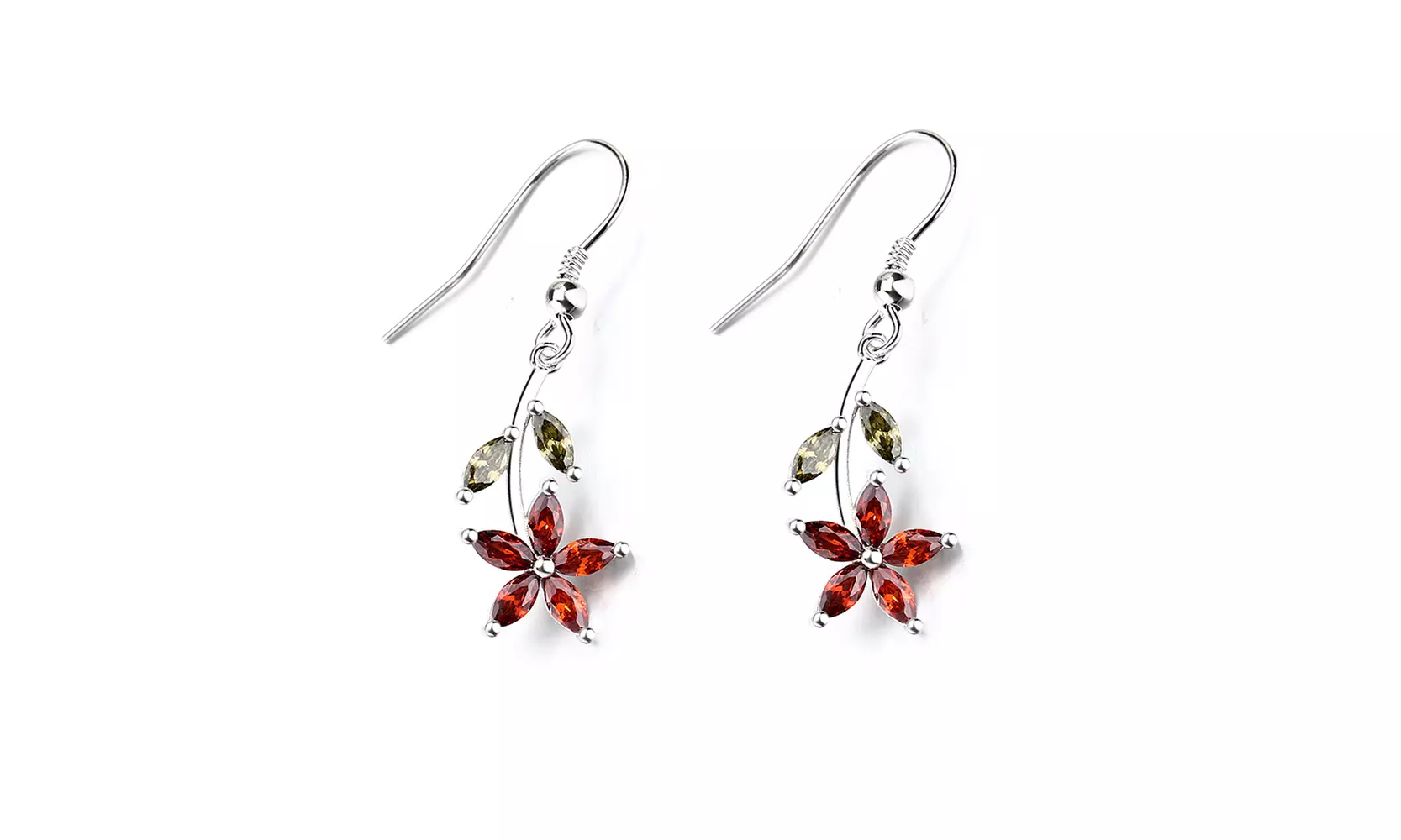 18K White Gold Plated Garnet and Peridot Floral Drop Earrings - Second Medium