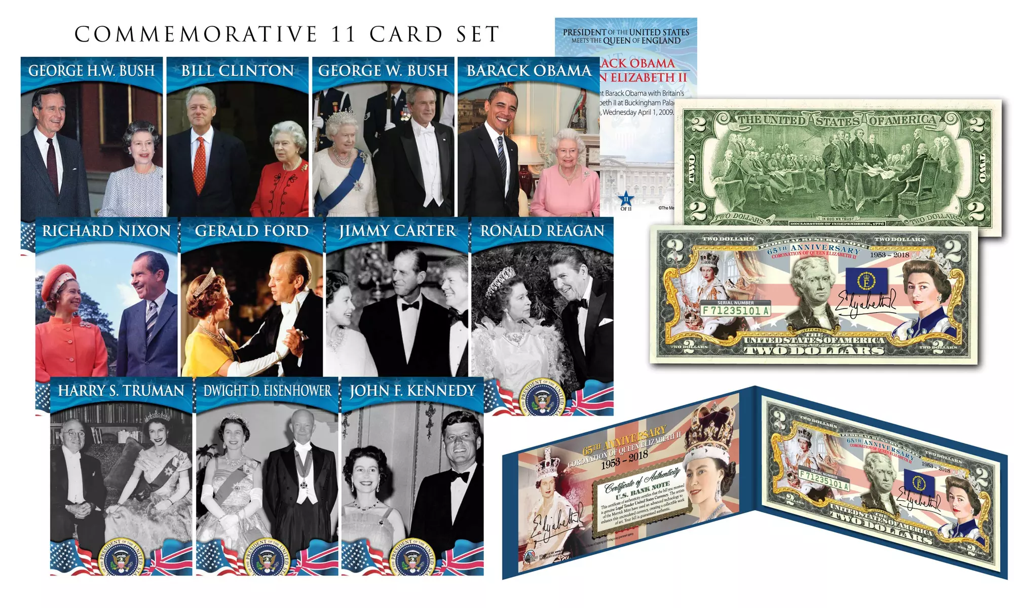 Queen Elizabeth II "65th Coronation" Two Dollar Bill w/Bonus 11 Card Set