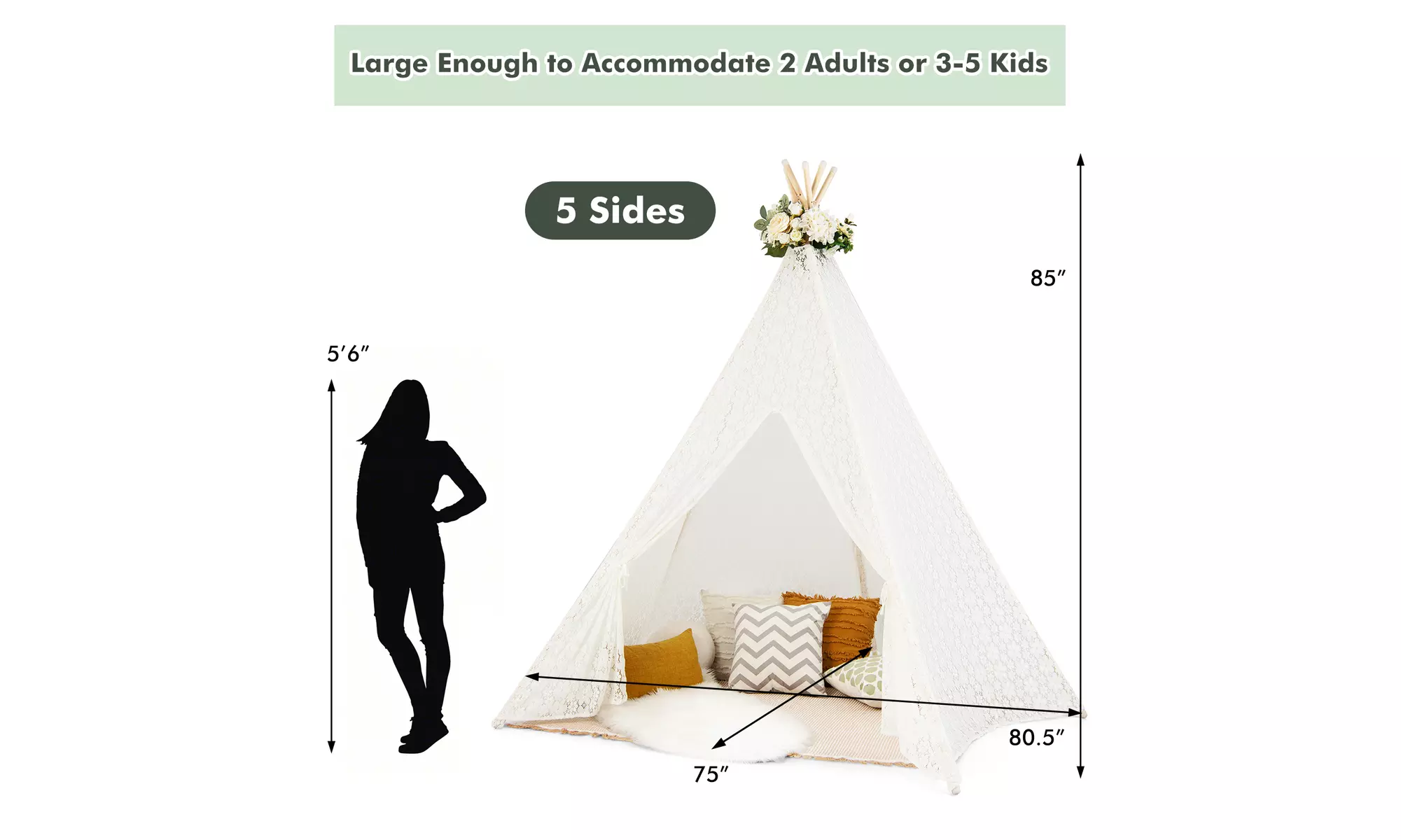Costway 85'' Height 5 Sides Huge Lace Play Tent for Kids Adult Wedding w/ Light