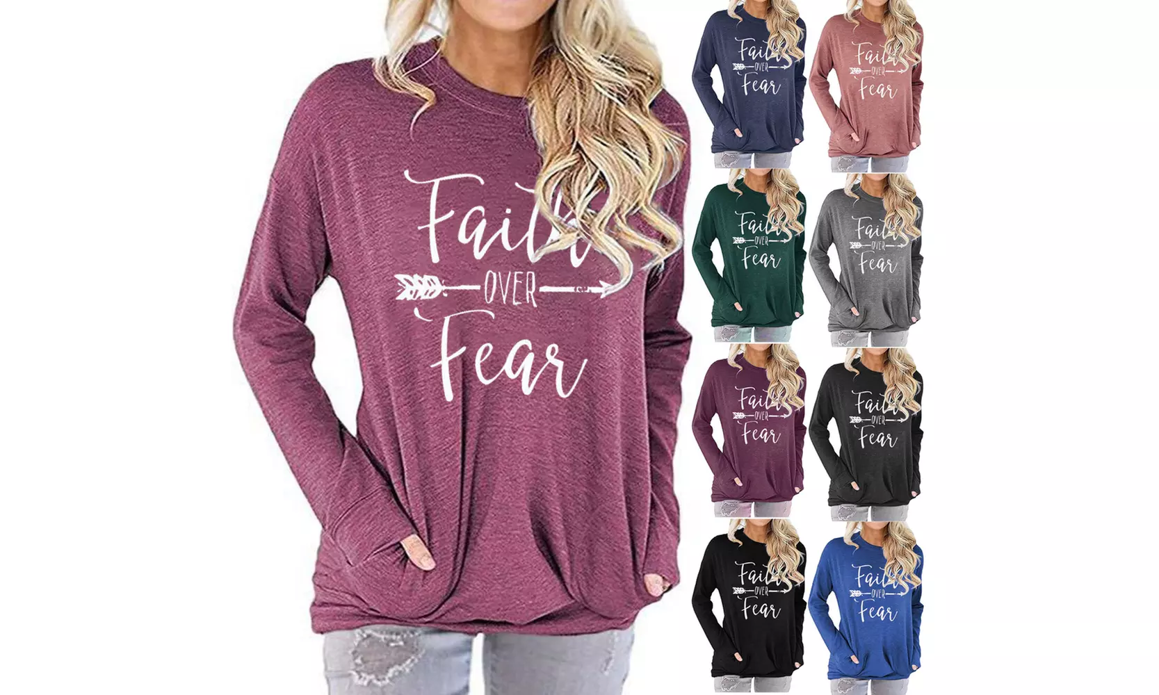 Women's Pocket Sweatshirt Faith Over Fear Printed Round Neck Long Sleeve T-shirt - Primary Image