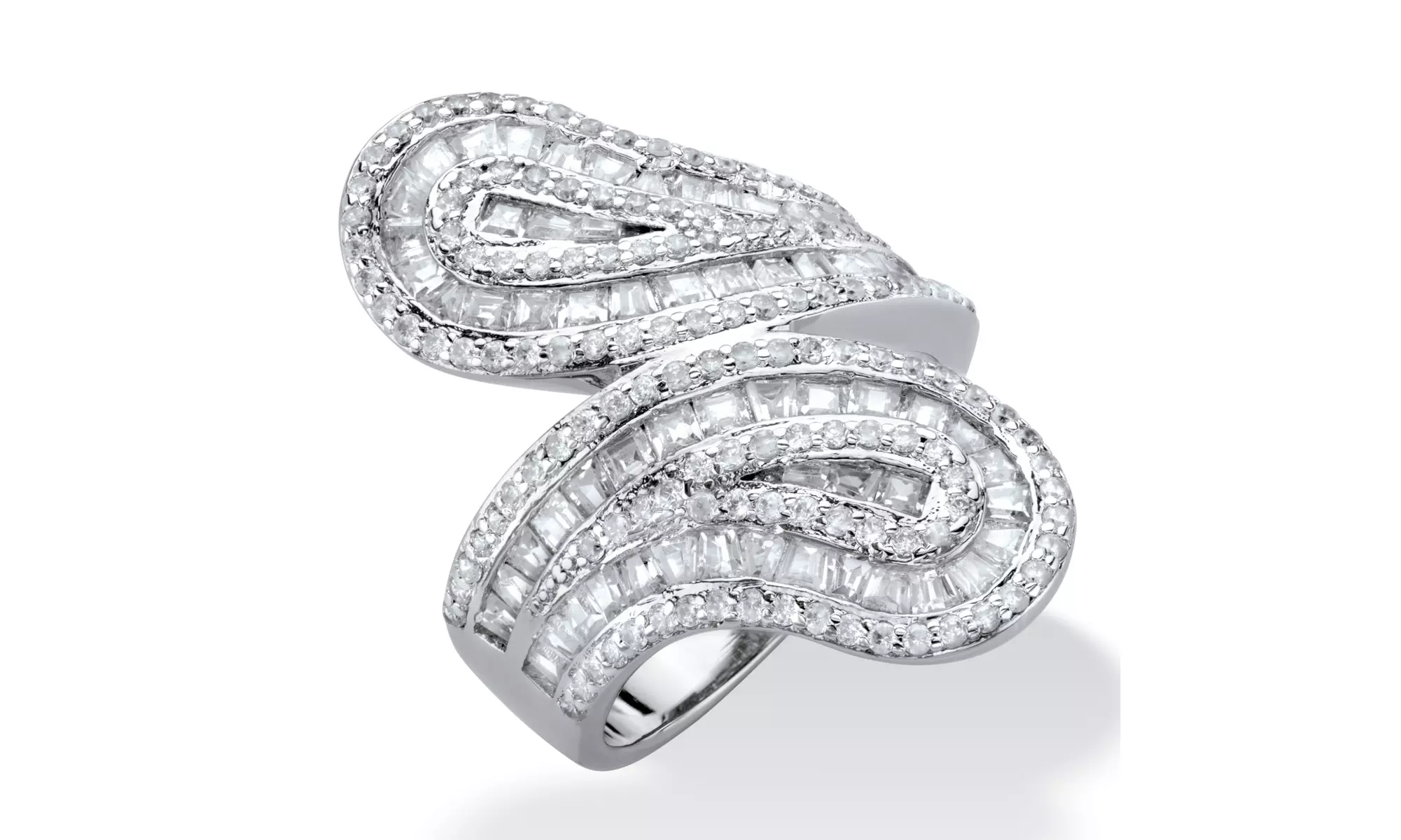 3.41 Cttw. Baguette-Cut Cubic Zirconia Platinum-Plated Bypass Ring - Primary Image
