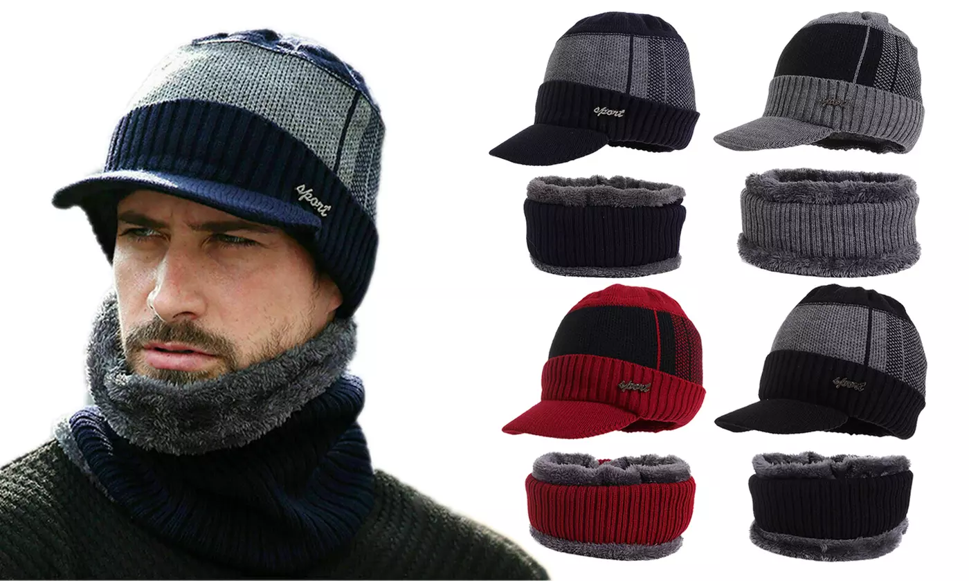 Winter Men Knit Cable Visor Beanie Fleece Hat Scarf Set Cap with Brim - Primary Image