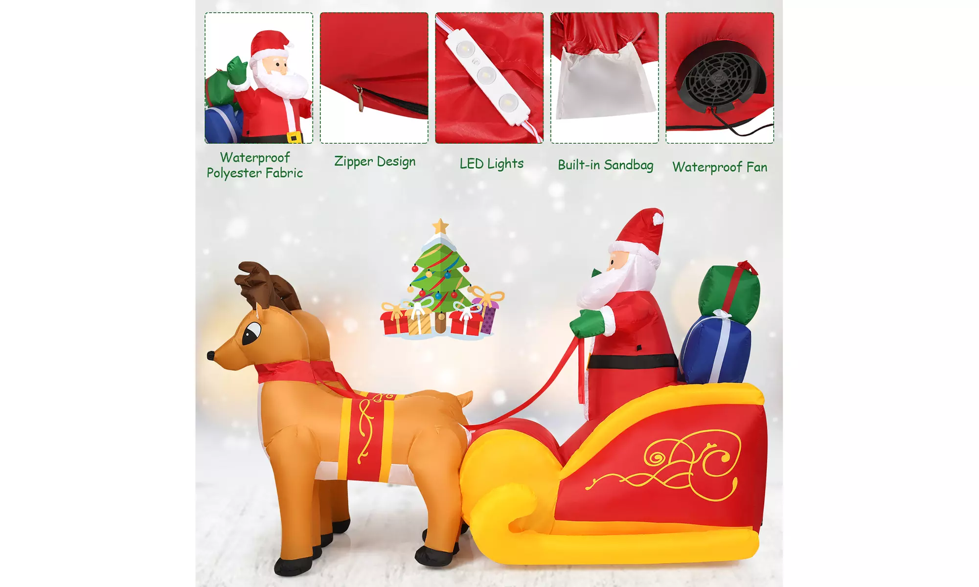 7.5 Ft Inflatable Santa Double Deer w/Sled Christmas Outdoor Decoration