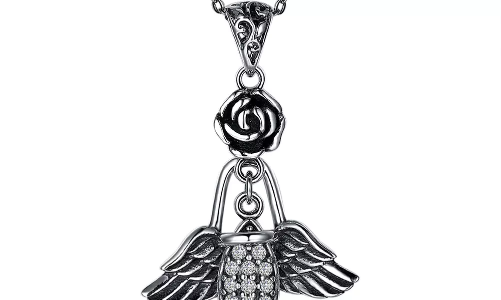 0.925 Sterling Silver White Crystal Floral Wing Necklace  - Primary Image