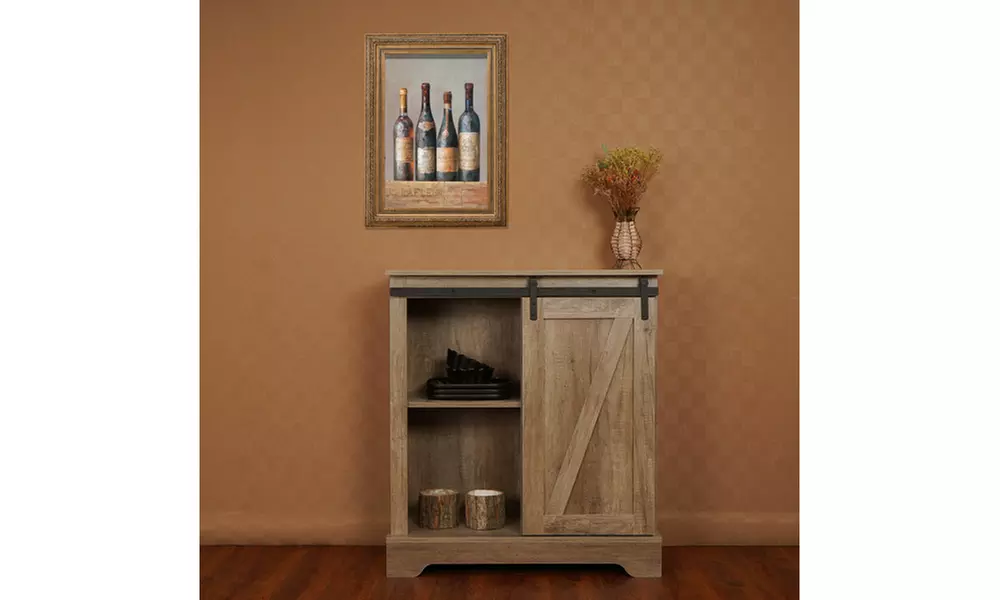 Modern Farmhouse Sliding Barn Door Storage Cabinet,Grey - Primary Image