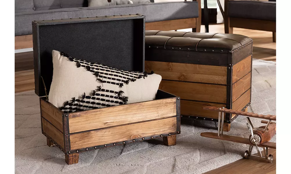Marelli Dark Brown Faux Leather 2-Piece Wood Storage Trunk Ottoman Set - Primary Image