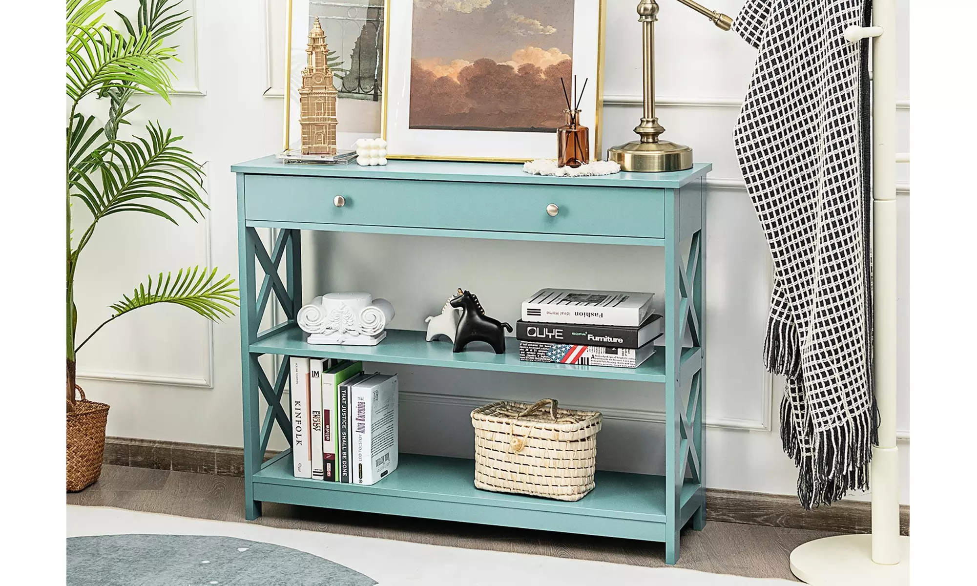 Costway Turquoise/Blue 3-Tier Console Table X-Design Entryway Drawer Shelves - Primary Image