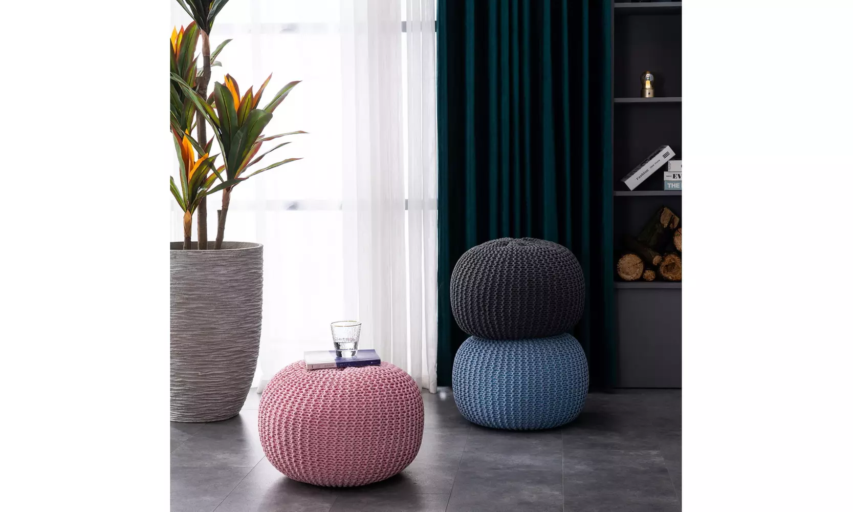 Hand-woven Sofa Footstool, Futon, Gray/Pink/Blue(50*50*35cm) - Primary Image