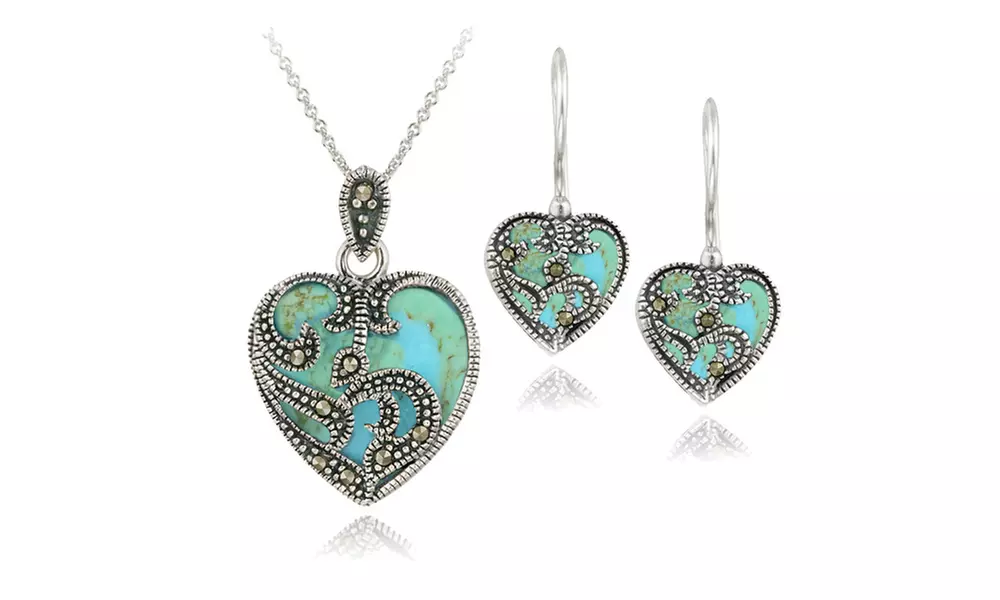 Marcasite & Reconstituted Turquoise Heart Necklace & Earrings Set - Primary Image