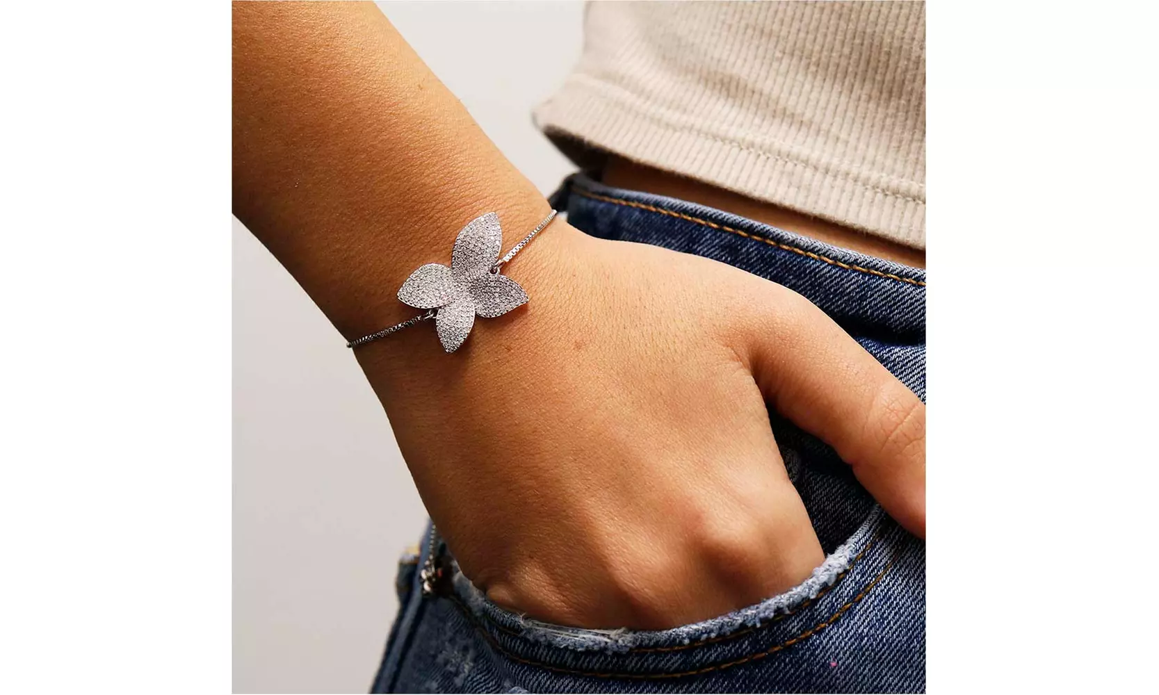 Pave Crystal Floral Bracelet With Adjustable Slider Clasp Adjustable up to 9"