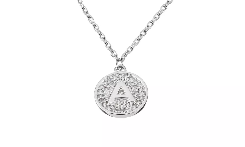 Coin Disc Pave Cubic Zirconia Initial Pendant Necklace in Sterling Silver - Primary Image