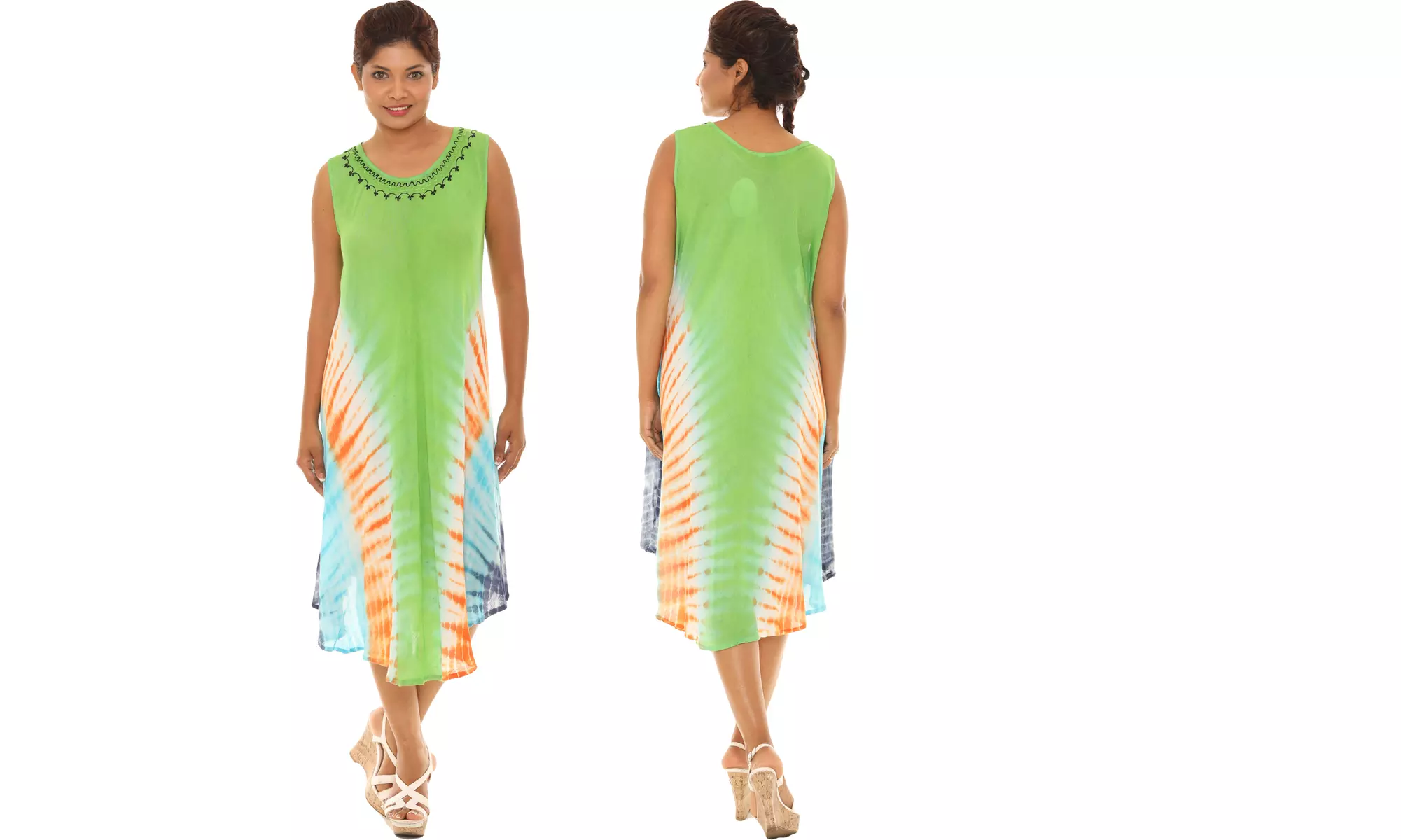 Women's Chevron Stripe Tie Dye Tank Dresses With Embroidered Neckline