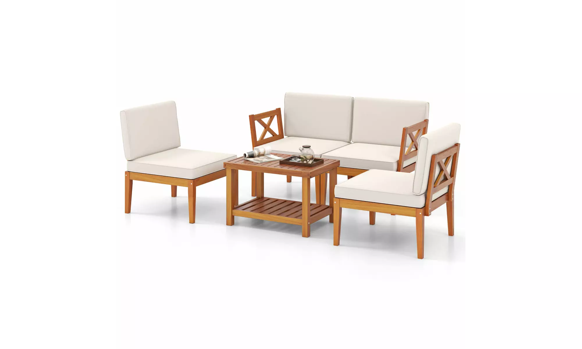 Costway Acacia Wood Patio Furniture Set with Cushions and 2-Tier Coffee Table