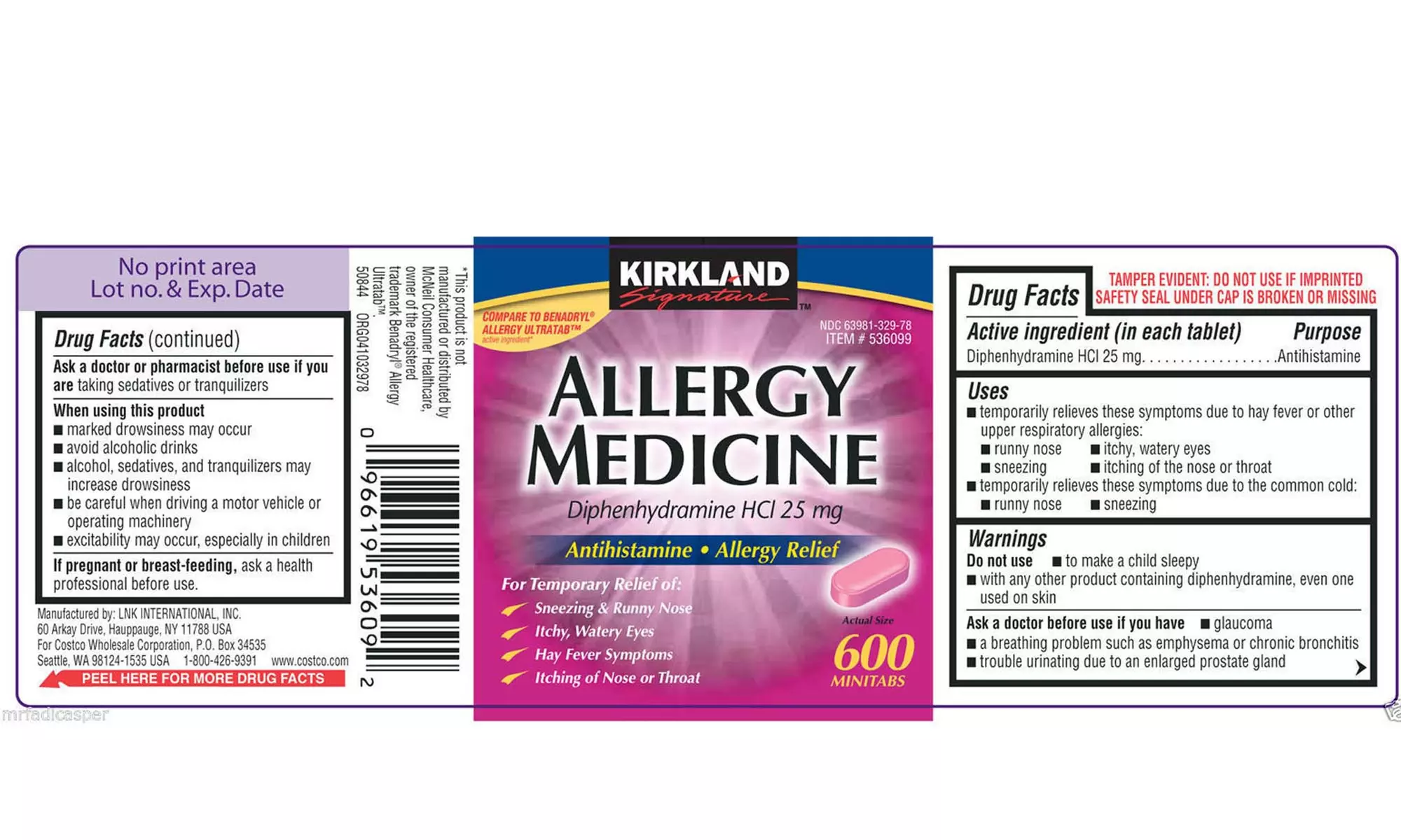 Kirkland Allergy Medicine Diphenhydramine HCI 25mg 600 minitabs  - Second Medium