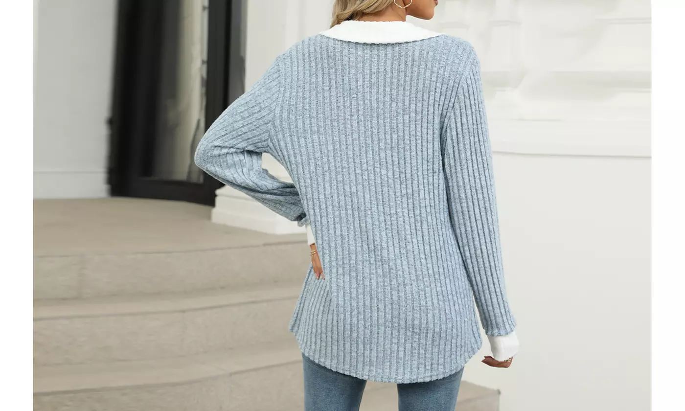 Women's Long Sleeve Lapel Blouse V-Neck Ribbed Knit Tunic Top