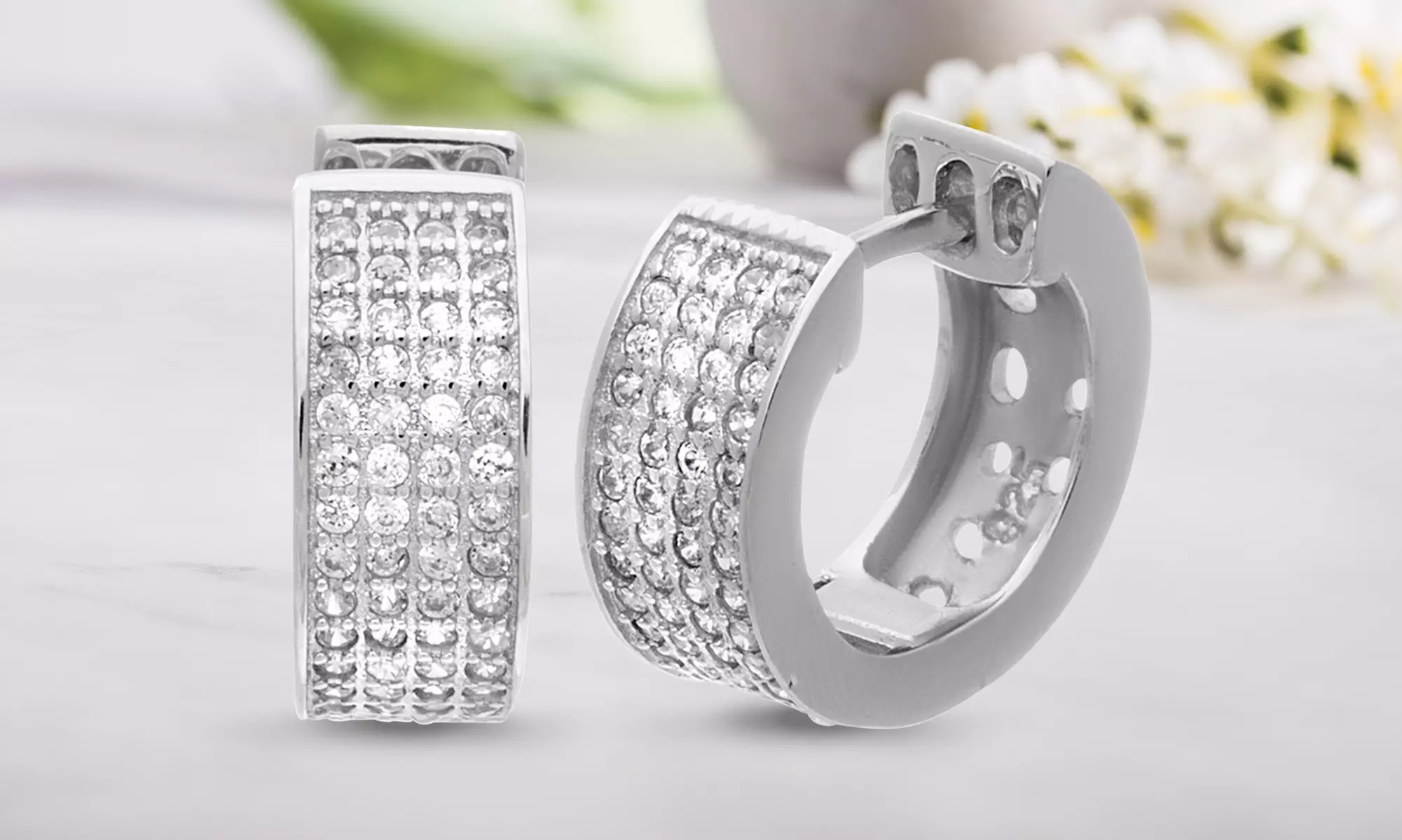 Lesa Michele Rhodium Plated  Silver Cubic Zirconia Wide Huggie Hoop Earrings - Second Medium