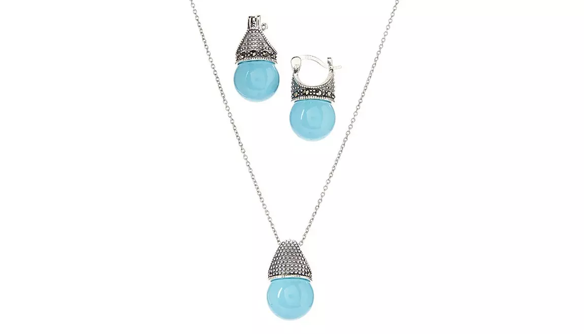Genuine Marcasite Sterling Silver Pearl Or Turquoise Earring and Necklace Set