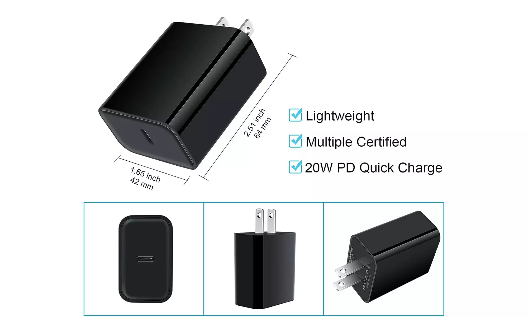 2 Pack 20W PD Fast Charging Block Black USB Type C to Type C