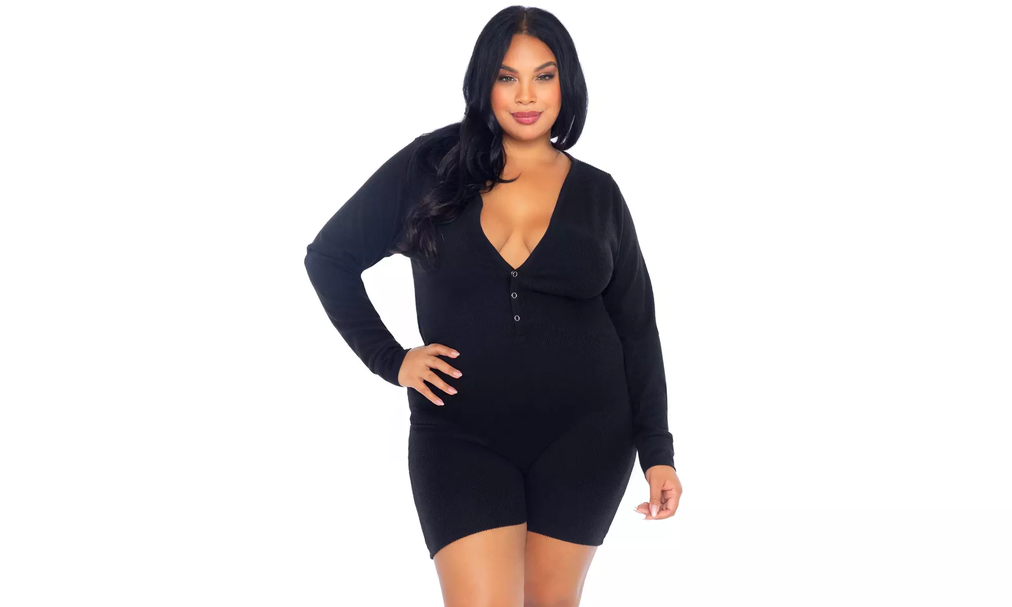 Leg Avenue Plus Size Brushed Rib Long Johns Romper Pajamas - Primary Image