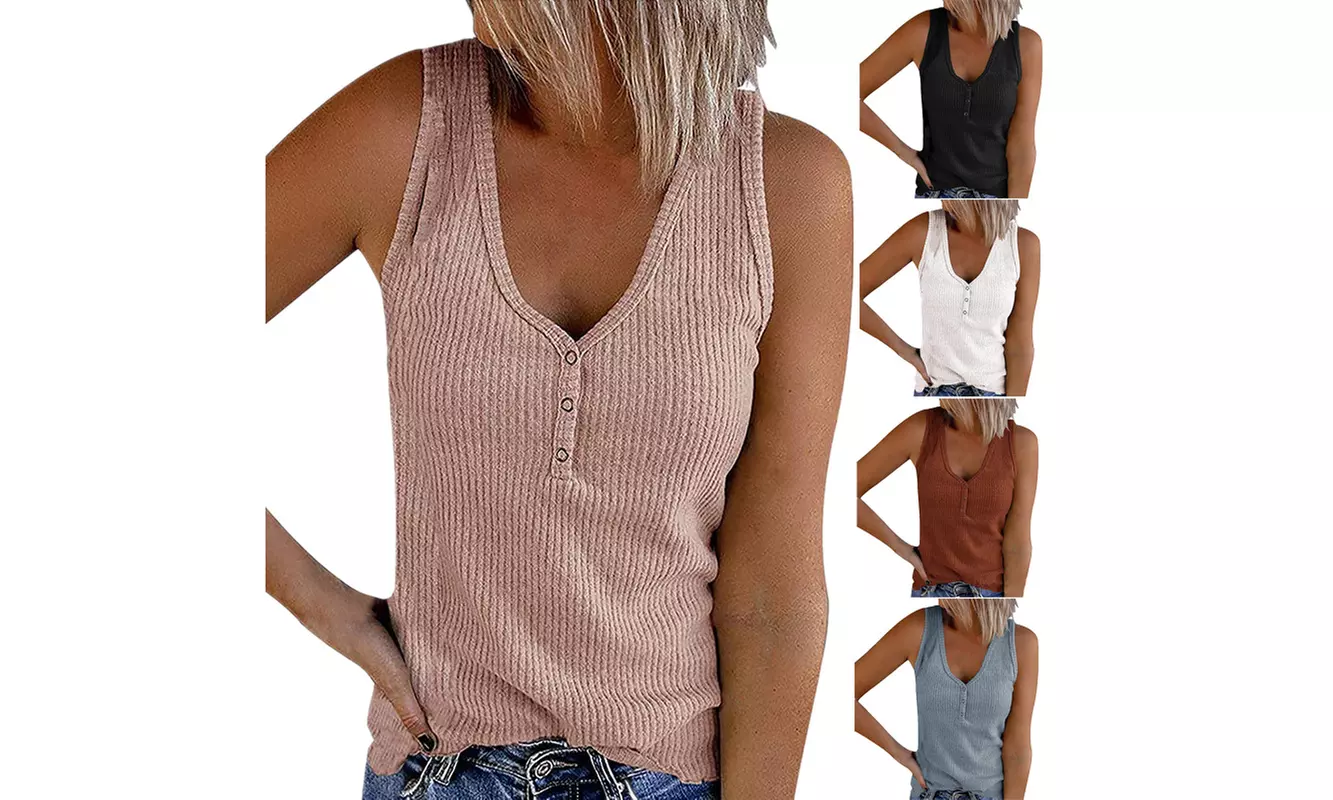 Women V Neck Tank Tops Ribbed Sleeveless Henley Shirts Button Up Cami Knit Tees - Primary Image