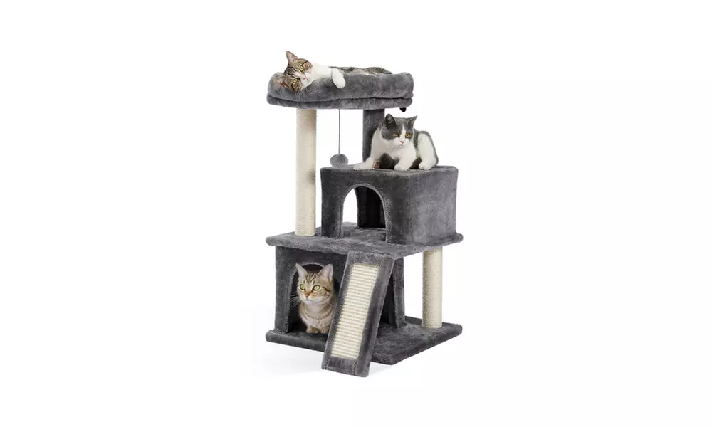 34 Inches Cat Tower with Double Condos, Spacious Perch Gray