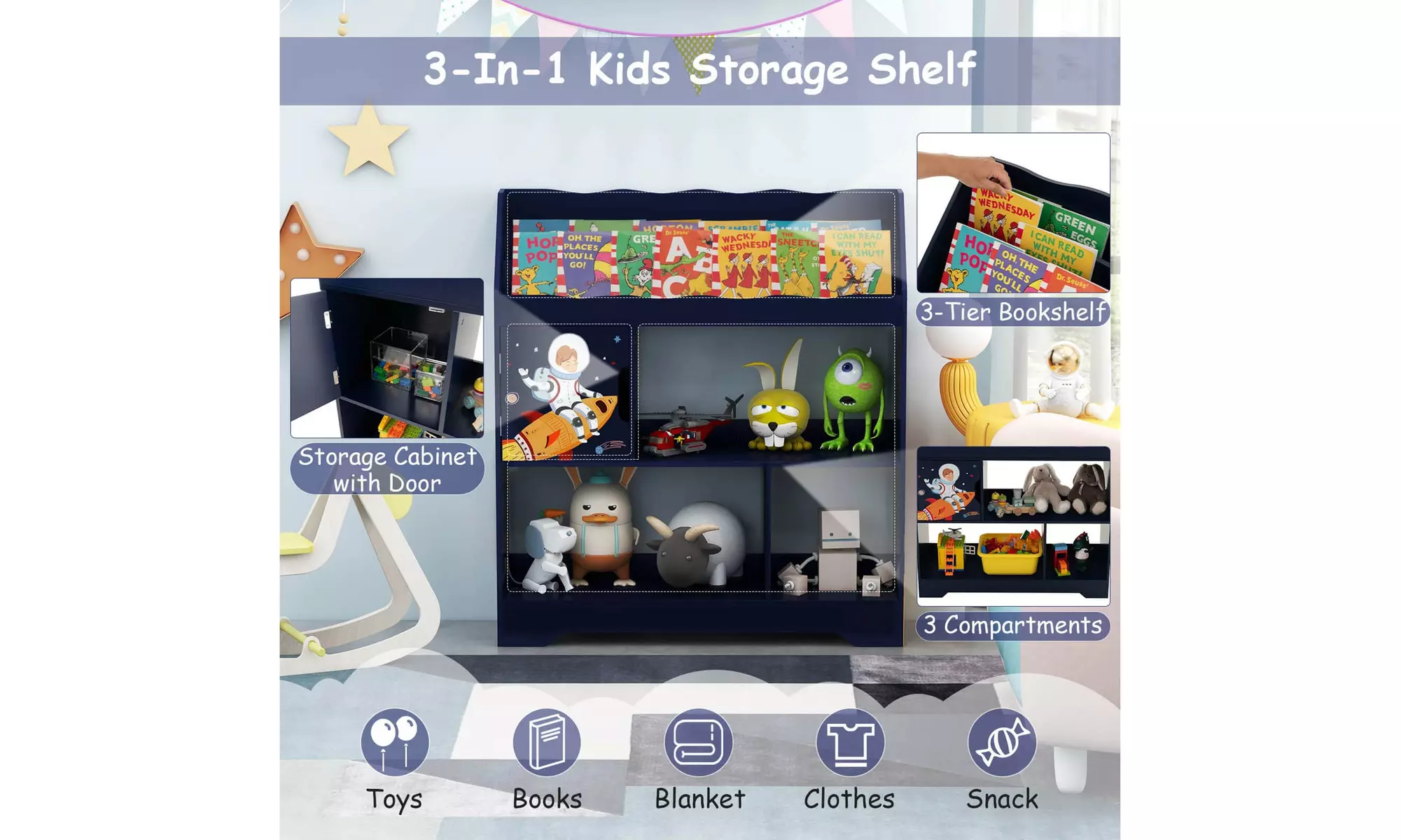 Costway Toy Storage Organizer Display Stand 3-In-1 Kids Toy Shelf w/ Book Shelf