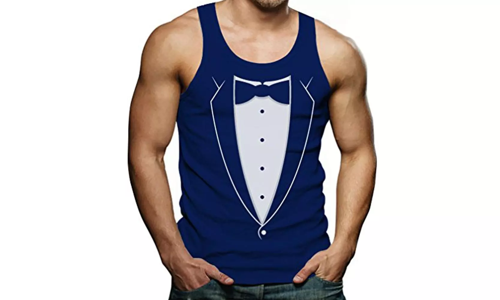 Men Cotton Stringer Tank Top TeeStars - Printed Tuxedo with Bowtie Suit Funny - Primary Image