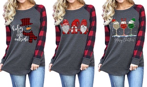 Women's Funny Christmas Print Plaid Tunic Tops (S-3XL)