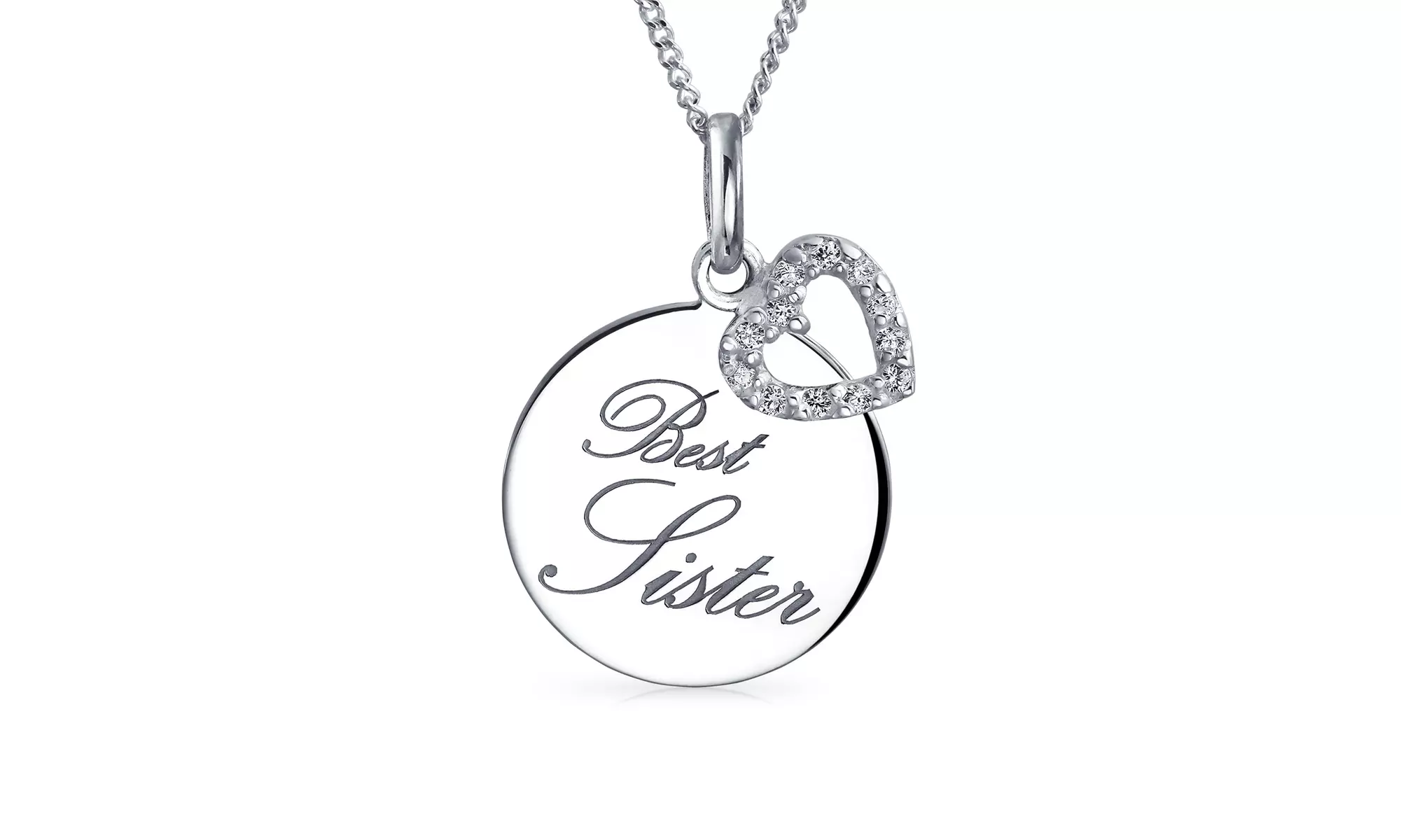 Best Sister WORD Pendant Necklace Circle Disc CZ Heart Sterling Silver - Primary Image