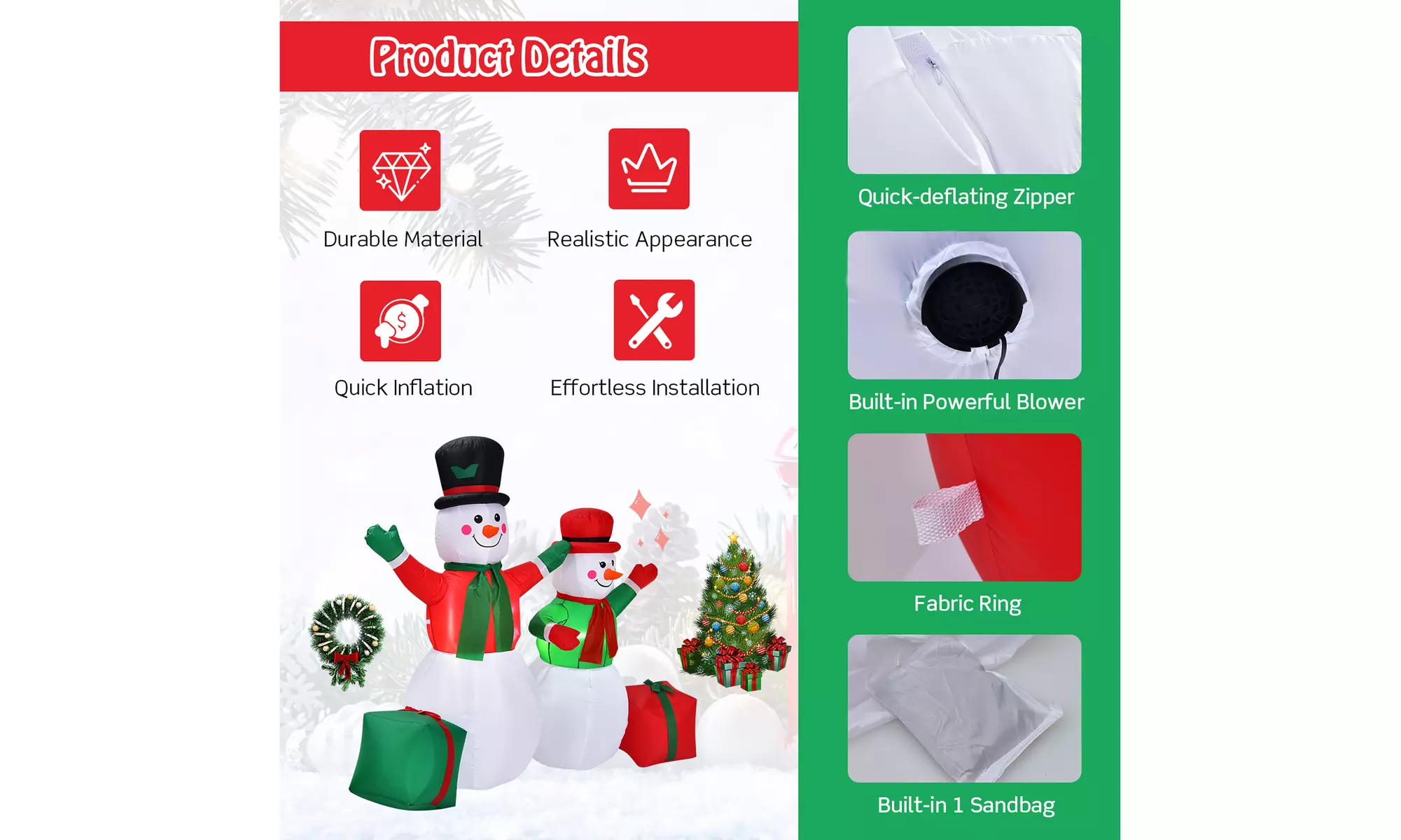 Costway 6Ft & 5Ft Christmas Inflatable Snowmen Blow Up Christmas Decoration