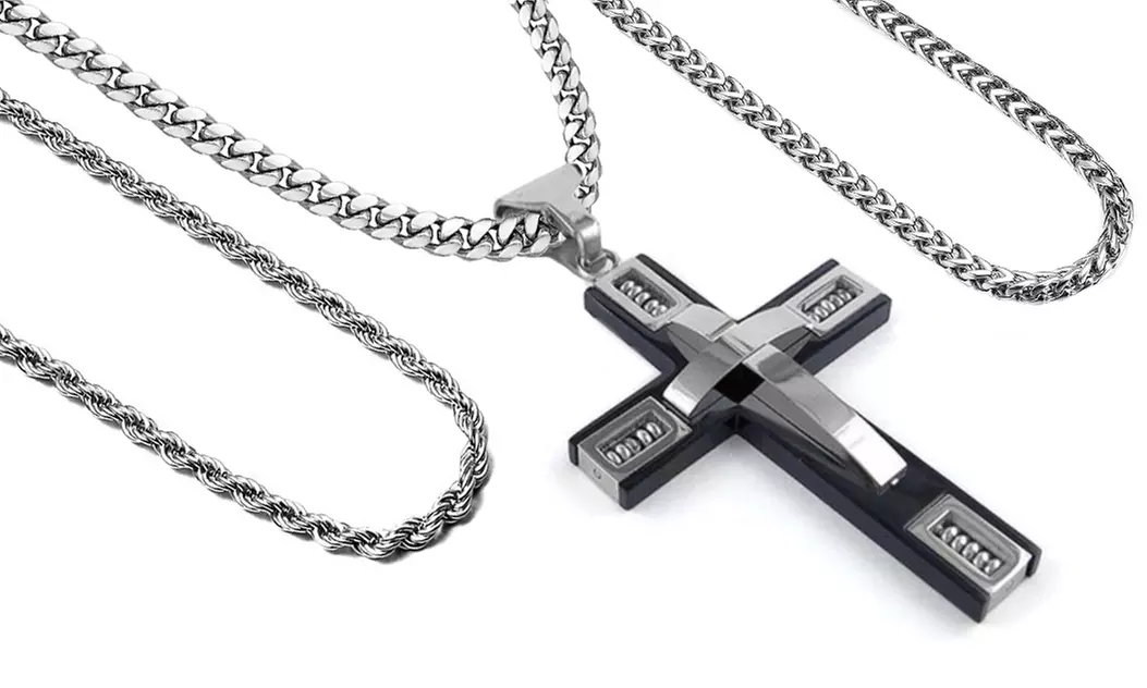 Stainless Steel Cross With 3 Interchangeable 24" Curb , Rope and Franco Chains  - Primary Image