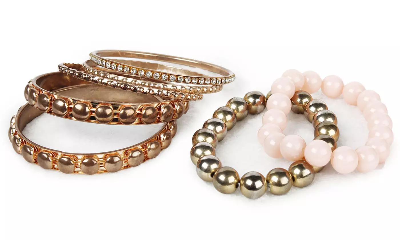 Retro Burnished Gold Inlaid Rhinestones Bangle Bracelet Set (7-Piece)