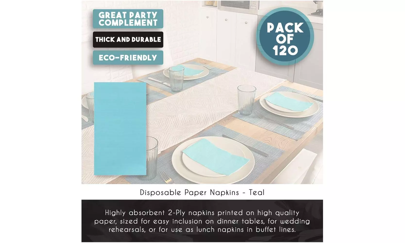 120 Teal Paper Dinner Napkins 2-Ply Absorbent for Wedding Party Event 7.5 x 4.2" - Second Medium