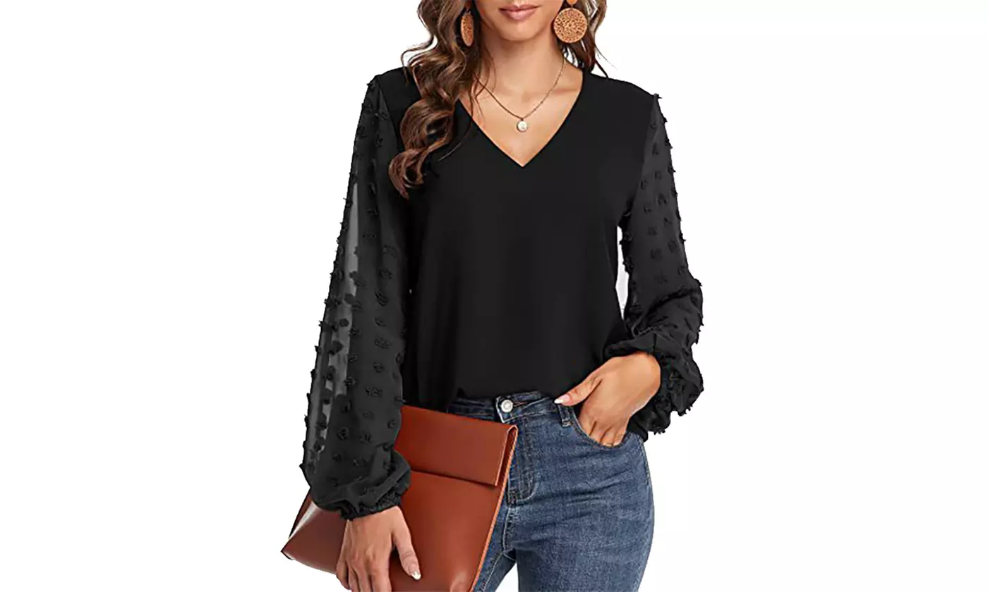 Women Lantern Sleeve V Neck Chiffon Blouses Casual Work Shirts