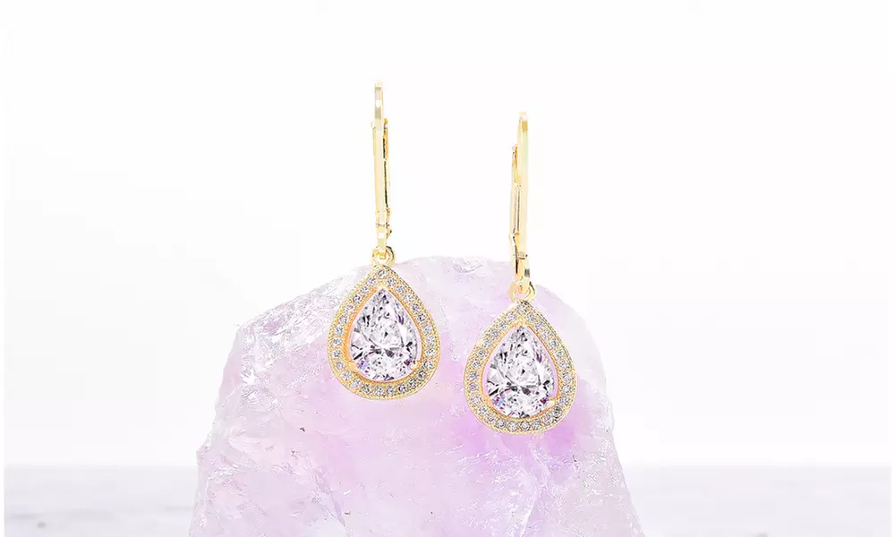 Cubic Zirconia StonesPear Halo Drop Earrings 