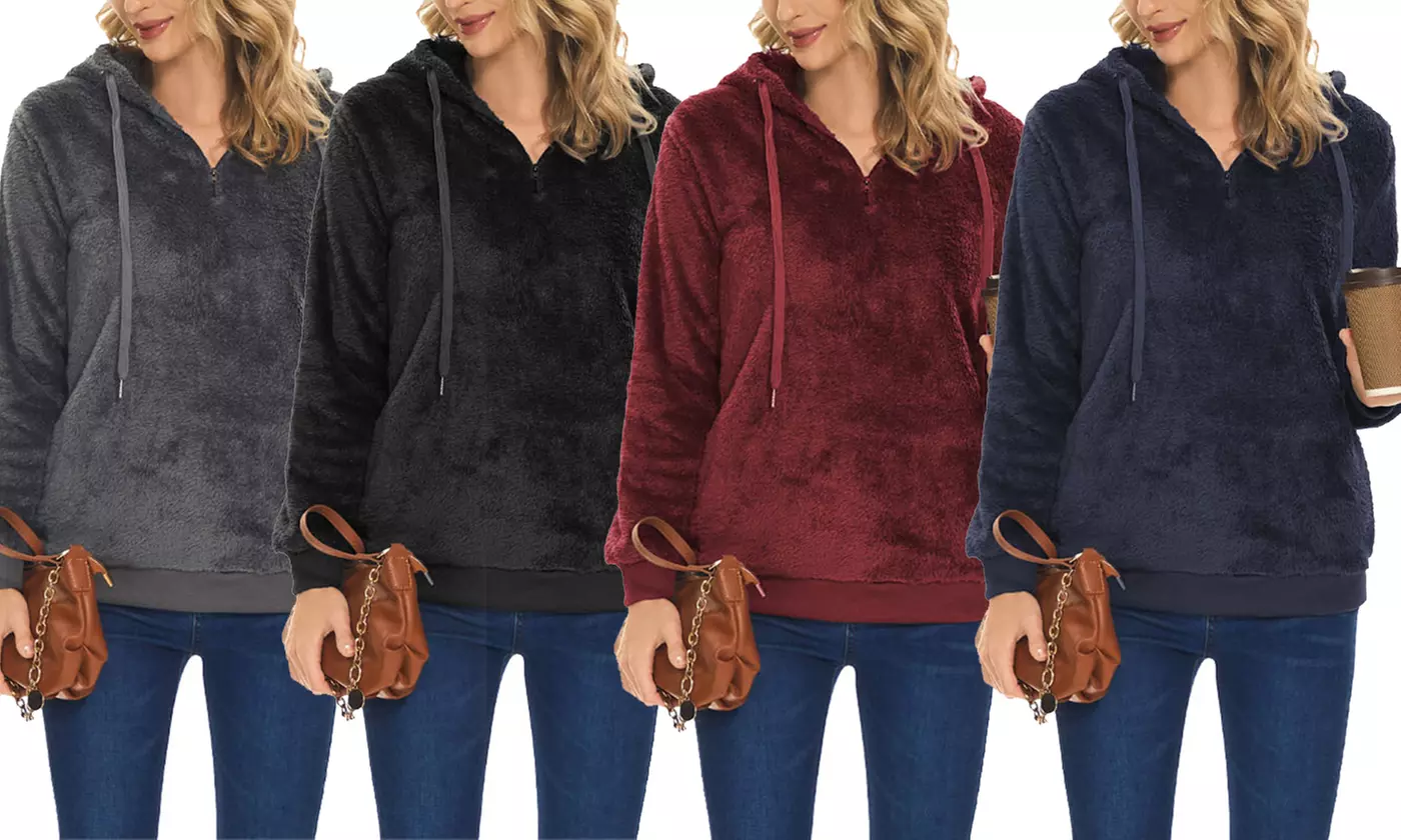 Women Fluffy Sherpa Hooded Sweatshirt M-2X