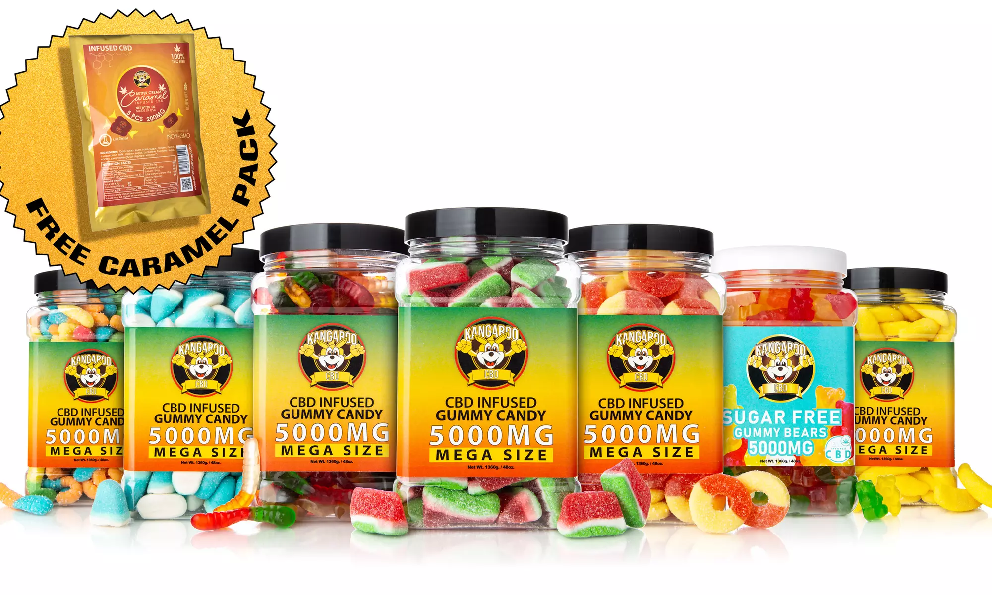 Mega Size CBD Infused Gummy Jars w/ Free 200mg Caramel Pack (2000MG - 5000MG) - Primary Image