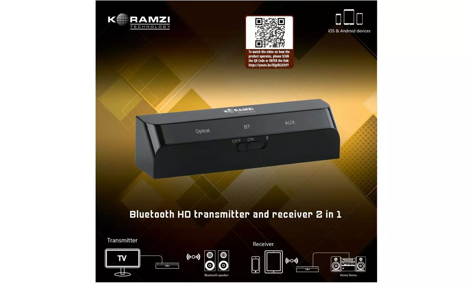 KORAMZI BTR26 Bluetooth HD Transmitter and Receiver 2 in 1 Black- Refurbished