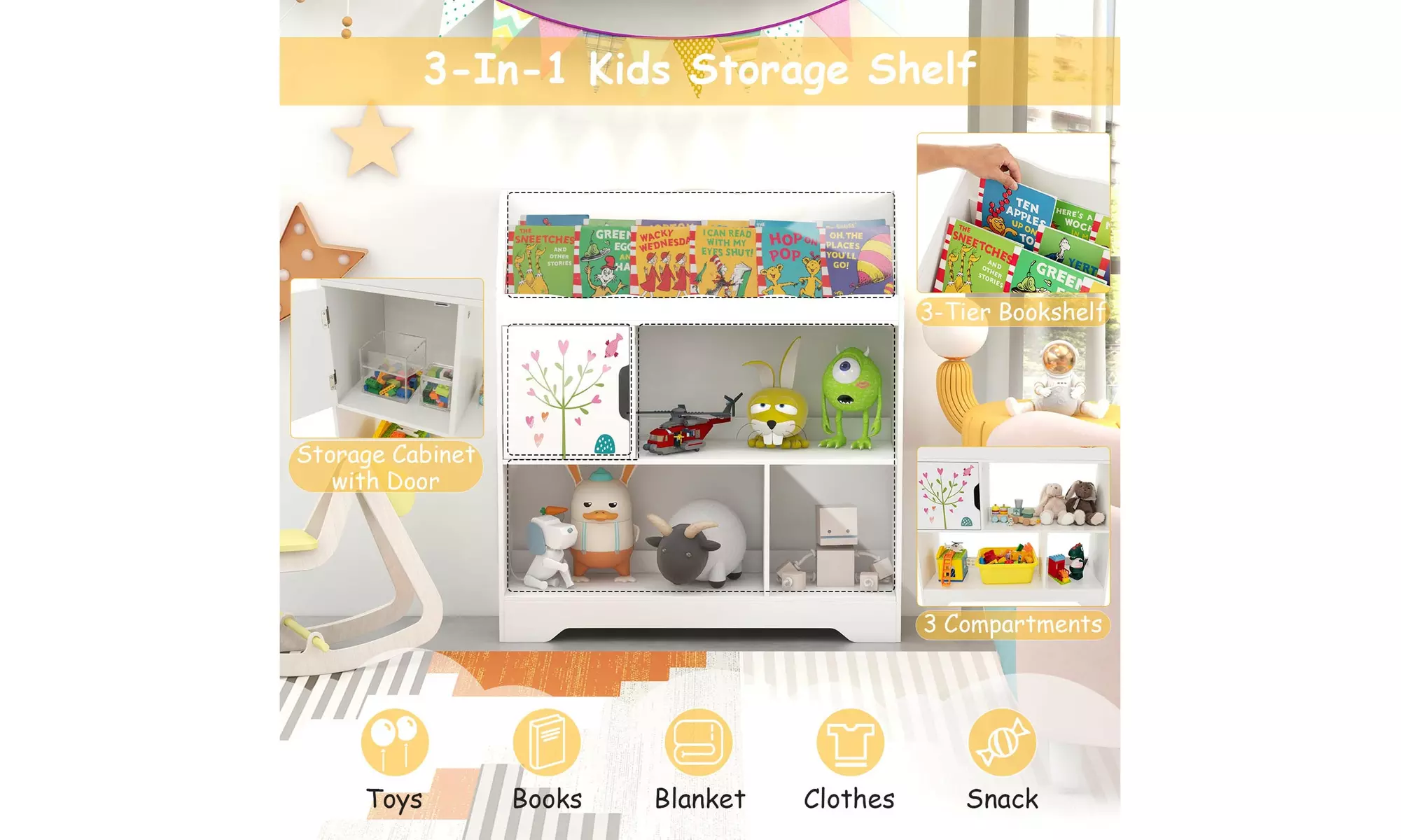 Costway Toy Storage Organizer Display Stand 3-In-1 Kids Toy Shelf w/ Book Shelf