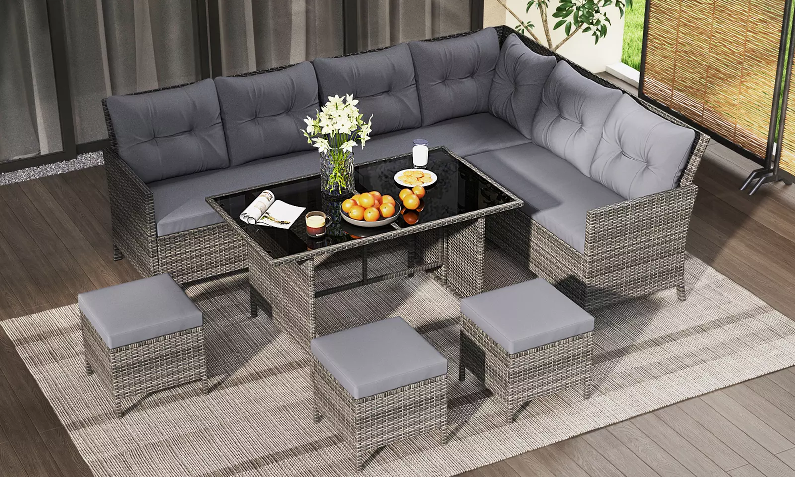 Costway 7-Piece PE Rattan Patio Dining and Sectional Sofa Set